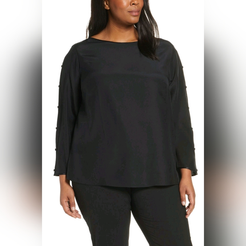 Lafayette 148 New York Georgina Button Sleeve 100% Silk Blouse Black Size XL
